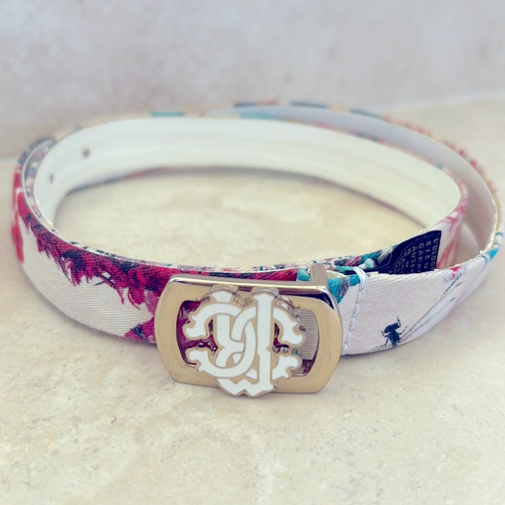 Authentic Roberto Cavalli leather and fabric floral skinny belt with logo, sz L